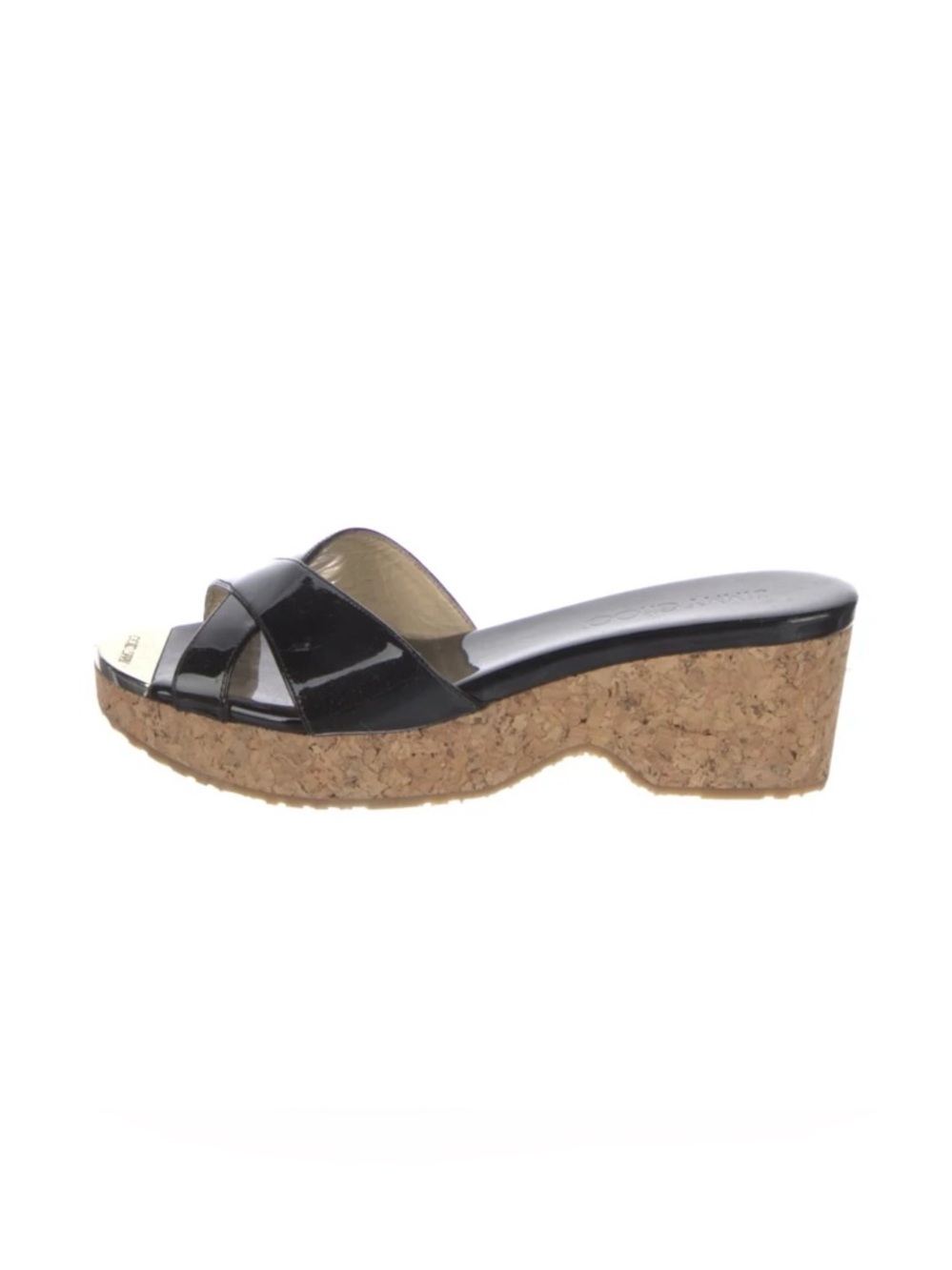 Jimmy Choo Black Patent Criss Cross Cork Wedge Slide Sandals Silver Toe Cap
